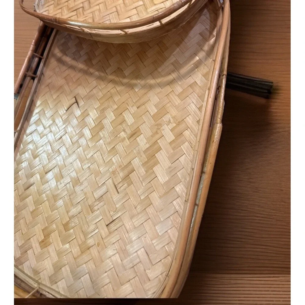 Vintage Set‎ 4 Bamboo Rattan Serving Trays Stacking Woven Wicker Tiki Large 19